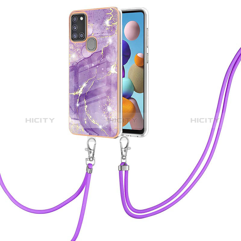 Handyhülle Silikon Hülle Gummi Schutzhülle Flexible Modisch Muster mit Schlüsselband Lanyard Y05B für Samsung Galaxy A21s Violett