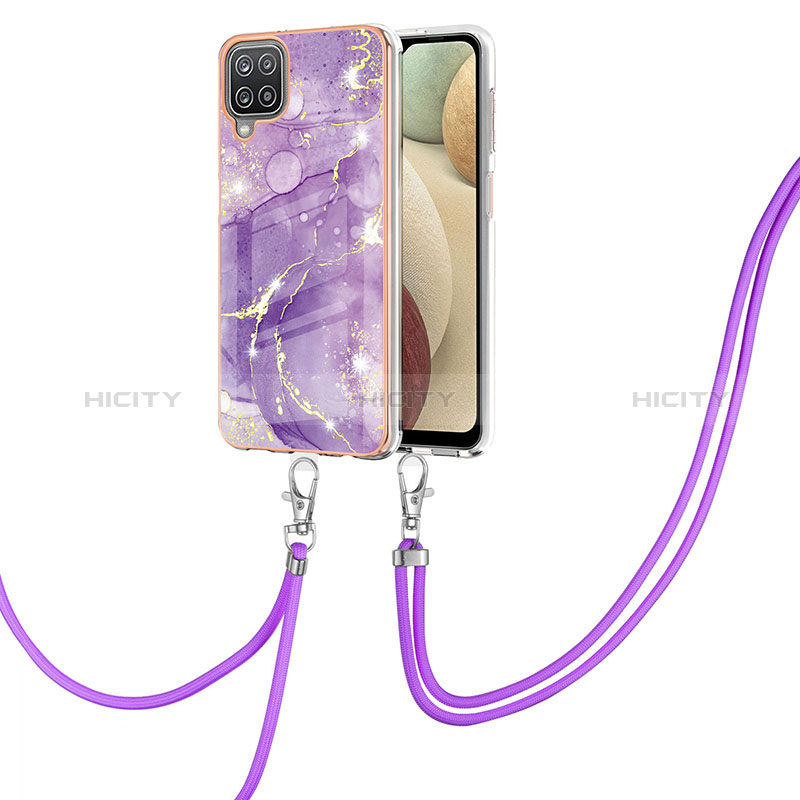Handyhülle Silikon Hülle Gummi Schutzhülle Flexible Modisch Muster mit Schlüsselband Lanyard Y05B für Samsung Galaxy F12 Violett