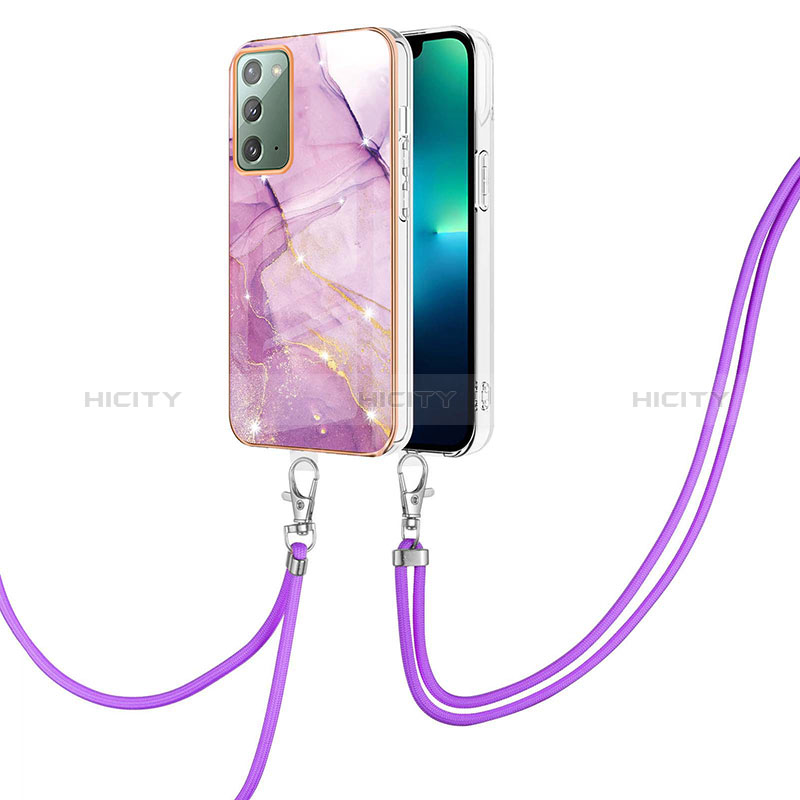 Handyhülle Silikon Hülle Gummi Schutzhülle Flexible Modisch Muster mit Schlüsselband Lanyard Y05B für Samsung Galaxy Note 20 5G Helles Lila