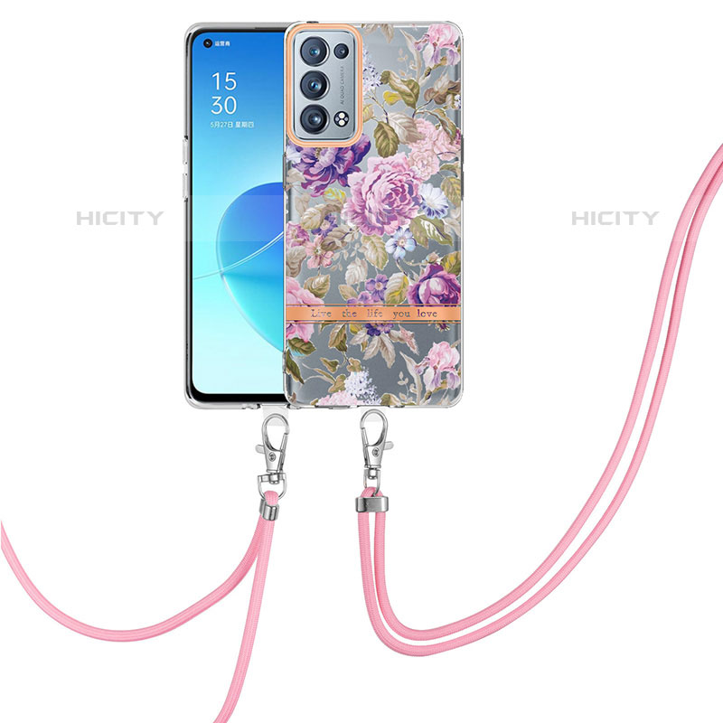 Handyhülle Silikon Hülle Gummi Schutzhülle Flexible Modisch Muster mit Schlüsselband Lanyard Y06B für Oppo Reno6 Pro+ Plus 5G Helles Lila Plus