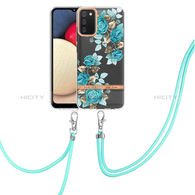 Handyhülle Silikon Hülle Gummi Schutzhülle Flexible Modisch Muster mit Schlüsselband Lanyard Y06B für Samsung Galaxy A02s Cyan