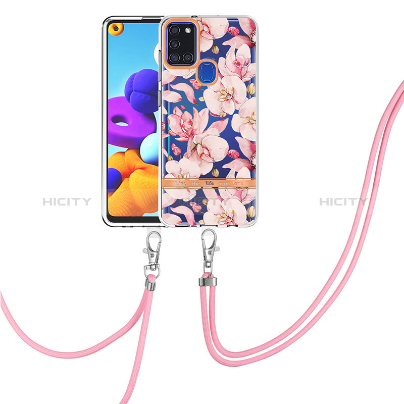 Handyhülle Silikon Hülle Gummi Schutzhülle Flexible Modisch Muster mit Schlüsselband Lanyard Y06B für Samsung Galaxy A21s groß