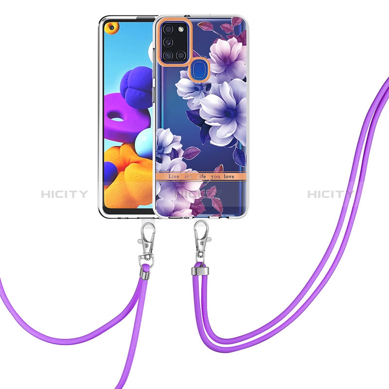 Handyhülle Silikon Hülle Gummi Schutzhülle Flexible Modisch Muster mit Schlüsselband Lanyard Y06B für Samsung Galaxy A21s groß