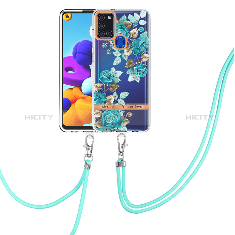 Handyhülle Silikon Hülle Gummi Schutzhülle Flexible Modisch Muster mit Schlüsselband Lanyard Y06B für Samsung Galaxy A21s Cyan Plus