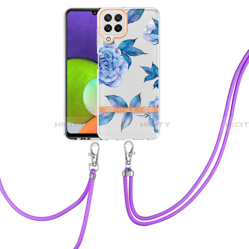 Handyhülle Silikon Hülle Gummi Schutzhülle Flexible Modisch Muster mit Schlüsselband Lanyard Y06B für Samsung Galaxy A22 4G Blau Plus