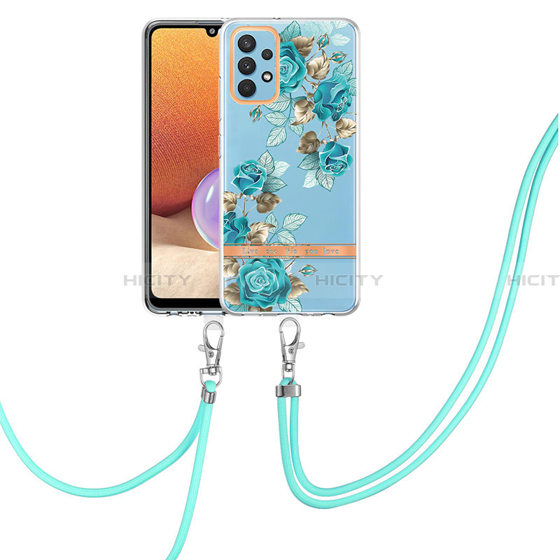 Handyhülle Silikon Hülle Gummi Schutzhülle Flexible Modisch Muster mit Schlüsselband Lanyard Y06B für Samsung Galaxy A32 4G Cyan Plus