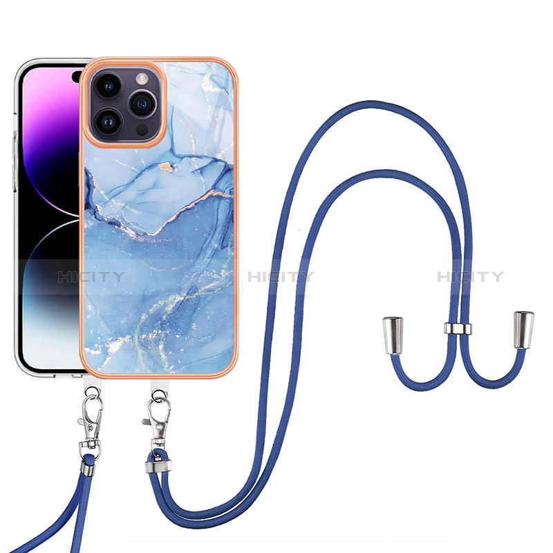 Handyhülle Silikon Hülle Gummi Schutzhülle Flexible Modisch Muster mit Schlüsselband Lanyard Y07B für Apple iPhone 14 Pro Max Blau Plus