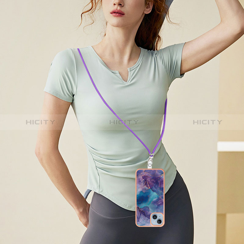 Handyhülle Silikon Hülle Gummi Schutzhülle Flexible Modisch Muster mit Schlüsselband Lanyard Y07B für Apple iPhone 15 groß