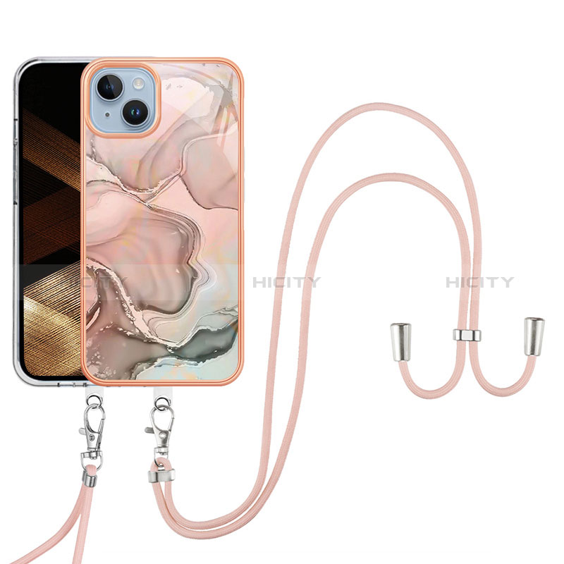 Handyhülle Silikon Hülle Gummi Schutzhülle Flexible Modisch Muster mit Schlüsselband Lanyard Y07B für Apple iPhone 15 groß