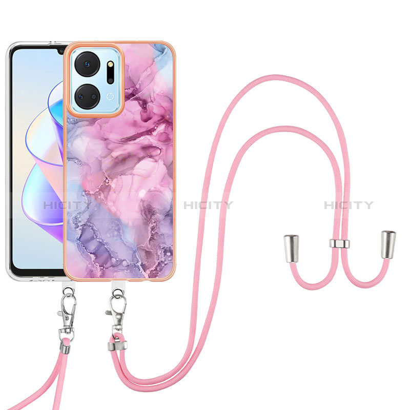 Handyhülle Silikon Hülle Gummi Schutzhülle Flexible Modisch Muster mit Schlüsselband Lanyard Y07B für Huawei Honor X7a Helles Lila Plus