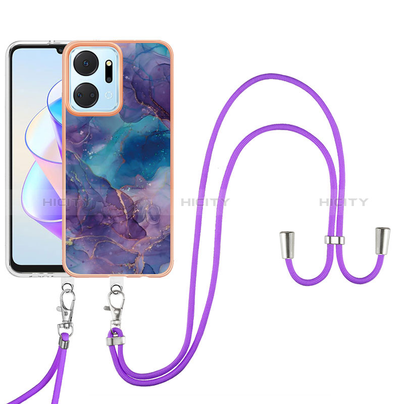 Handyhülle Silikon Hülle Gummi Schutzhülle Flexible Modisch Muster mit Schlüsselband Lanyard Y07B für Huawei Honor X7a Violett