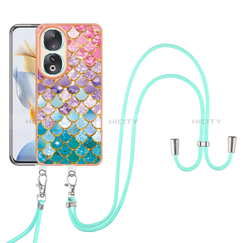 Handyhülle Silikon Hülle Gummi Schutzhülle Flexible Modisch Muster mit Schlüsselband Lanyard YB3 für Huawei Honor 90 5G Bunt