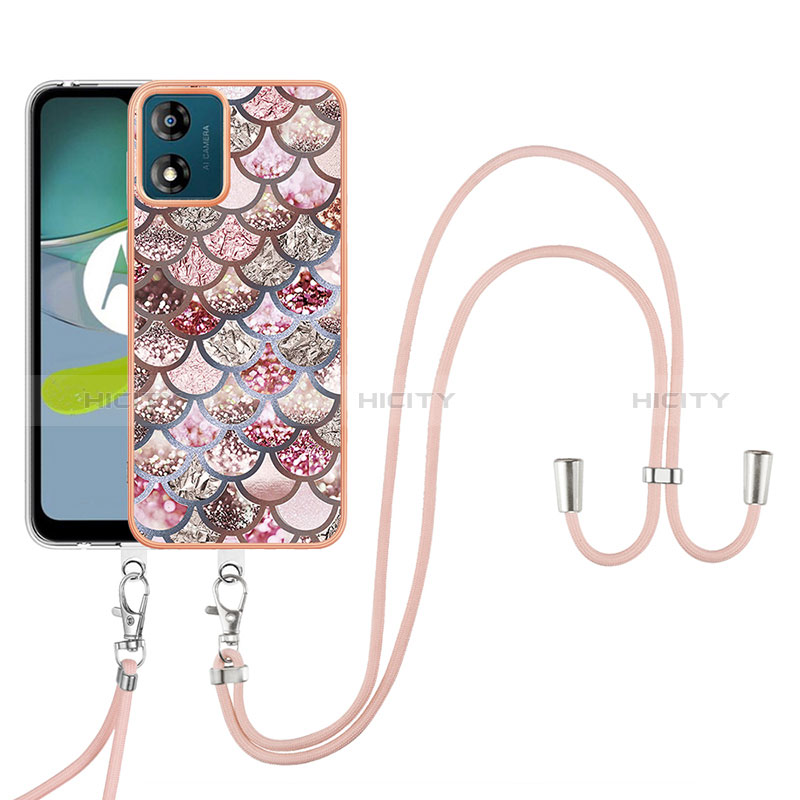 Handyhülle Silikon Hülle Gummi Schutzhülle Flexible Modisch Muster mit Schlüsselband Lanyard YB3 für Motorola Moto E13 Braun