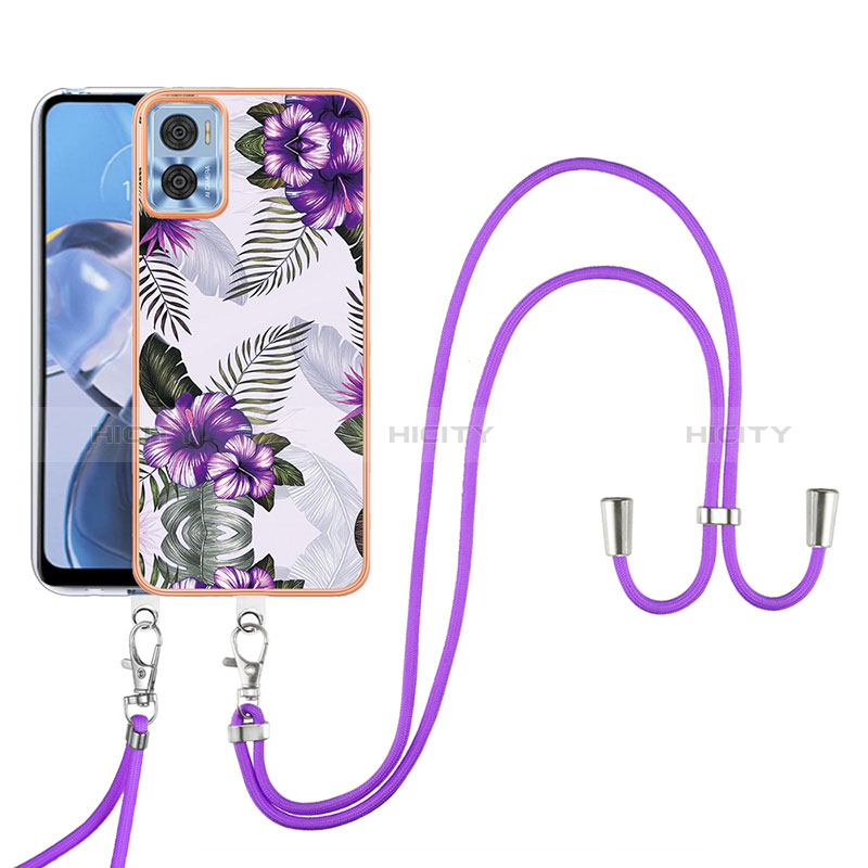 Handyhülle Silikon Hülle Gummi Schutzhülle Flexible Modisch Muster mit Schlüsselband Lanyard YB3 für Motorola Moto E22i Violett Plus