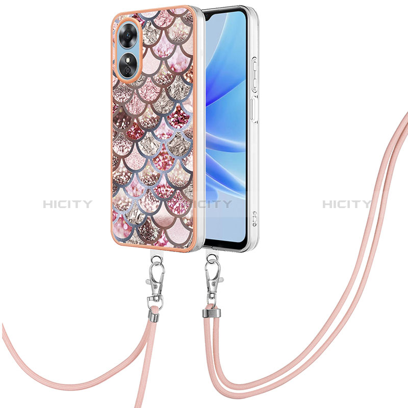 Handyhülle Silikon Hülle Gummi Schutzhülle Flexible Modisch Muster mit Schlüsselband Lanyard YB3 für Oppo A17 Braun