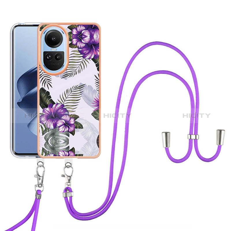 Handyhülle Silikon Hülle Gummi Schutzhülle Flexible Modisch Muster mit Schlüsselband Lanyard YB3 für Oppo Reno10 5G Violett