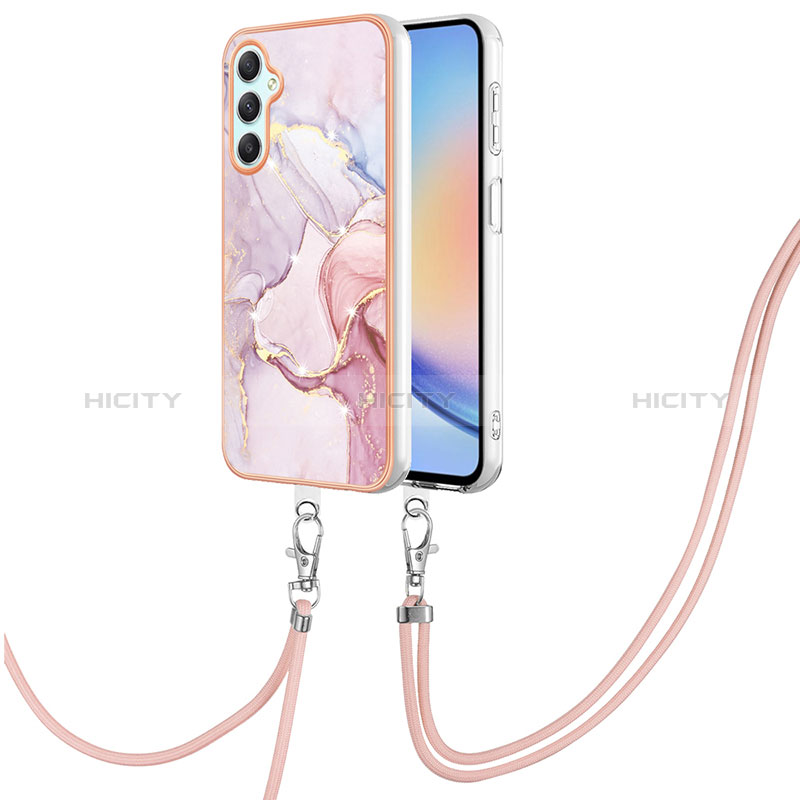 Handyhülle Silikon Hülle Gummi Schutzhülle Flexible Modisch Muster mit Schlüsselband Lanyard YB5 für Samsung Galaxy A24 4G Rosa Plus