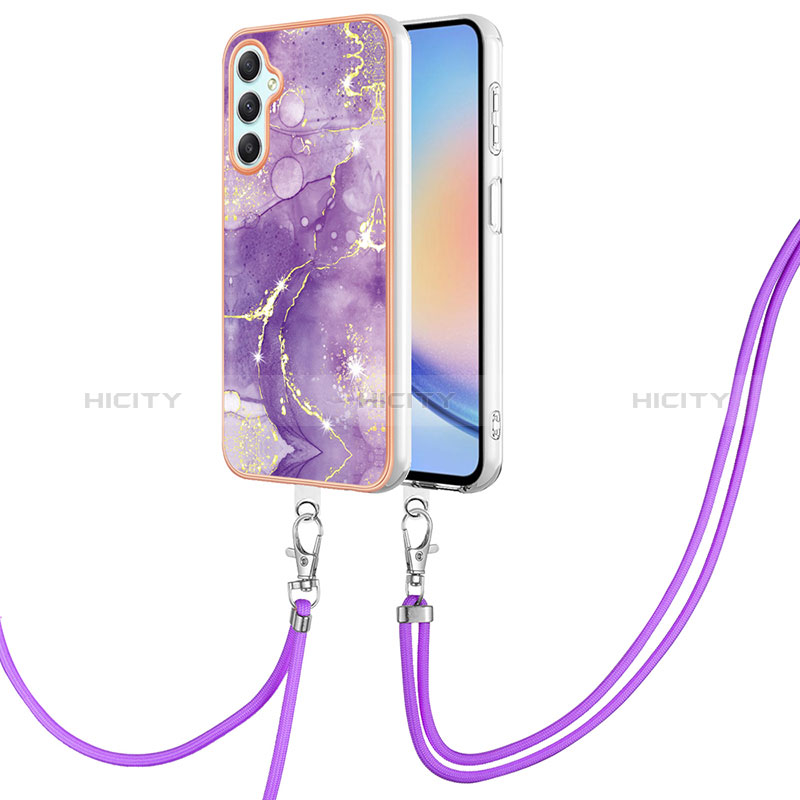 Handyhülle Silikon Hülle Gummi Schutzhülle Flexible Modisch Muster mit Schlüsselband Lanyard YB5 für Samsung Galaxy A24 4G Violett