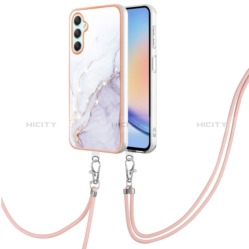 Handyhülle Silikon Hülle Gummi Schutzhülle Flexible Modisch Muster mit Schlüsselband Lanyard YB5 für Samsung Galaxy A24 4G Weiß