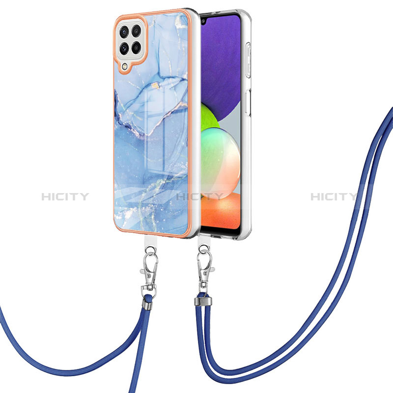 Handyhülle Silikon Hülle Gummi Schutzhülle Flexible Modisch Muster mit Schlüsselband Lanyard YB7 für Samsung Galaxy A22 4G Blau