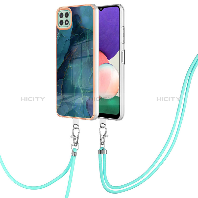 Handyhülle Silikon Hülle Gummi Schutzhülle Flexible Modisch Muster mit Schlüsselband Lanyard YB7 für Samsung Galaxy A22s 5G Grün Plus