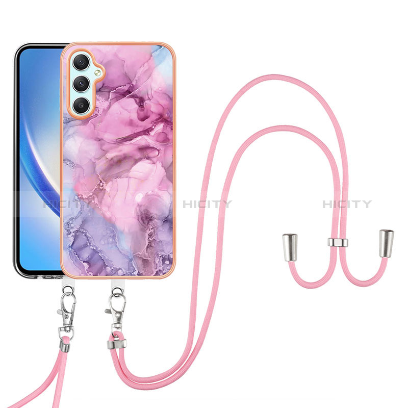 Handyhülle Silikon Hülle Gummi Schutzhülle Flexible Modisch Muster mit Schlüsselband Lanyard YB7 für Samsung Galaxy A24 4G Helles Lila