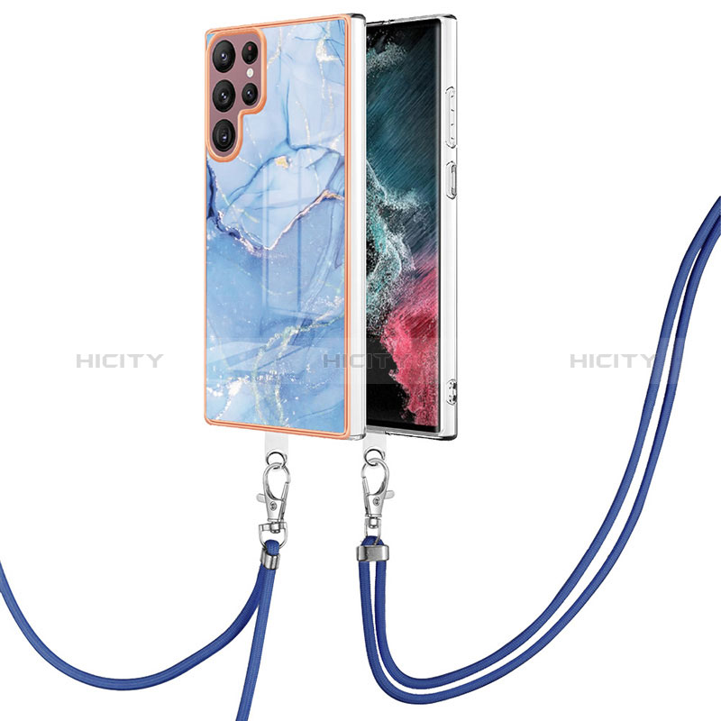 Handyhülle Silikon Hülle Gummi Schutzhülle Flexible Modisch Muster mit Schlüsselband Lanyard YB7 für Samsung Galaxy S22 Ultra 5G Blau Plus