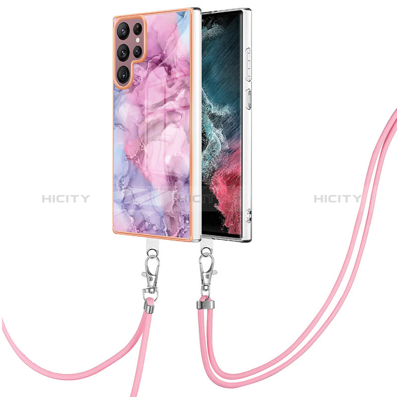 Handyhülle Silikon Hülle Gummi Schutzhülle Flexible Modisch Muster mit Schlüsselband Lanyard YB7 für Samsung Galaxy S22 Ultra 5G Helles Lila