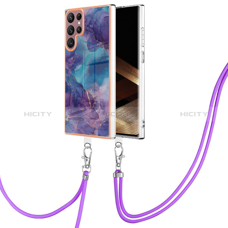 Handyhülle Silikon Hülle Gummi Schutzhülle Flexible Modisch Muster mit Schlüsselband Lanyard YB7 für Samsung Galaxy S24 Ultra 5G Violett Plus