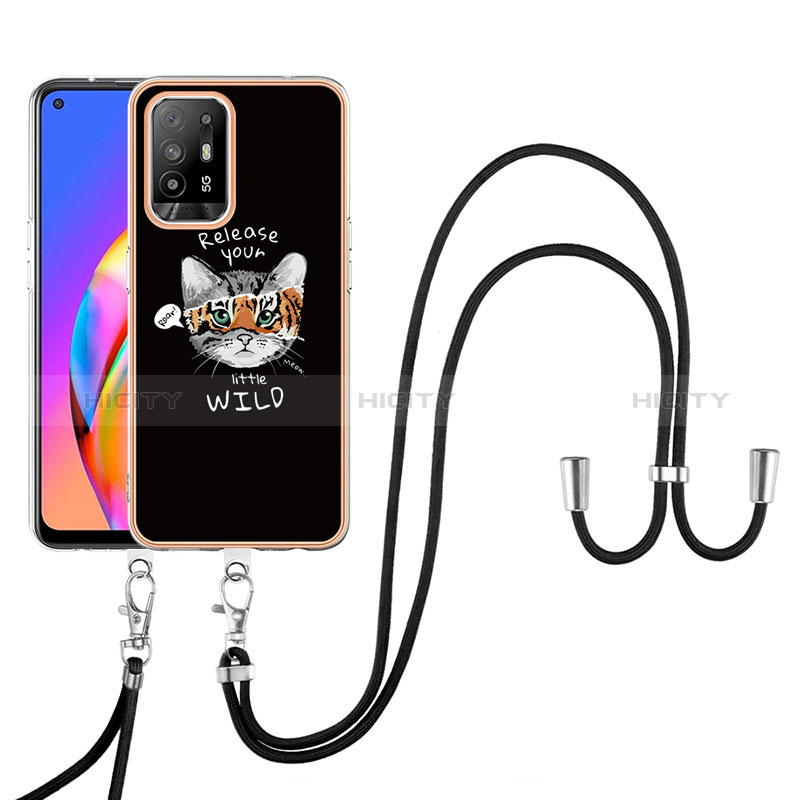 Handyhülle Silikon Hülle Gummi Schutzhülle Flexible Modisch Muster mit Schlüsselband Lanyard YB8 für Oppo A94 5G Schwarz Plus