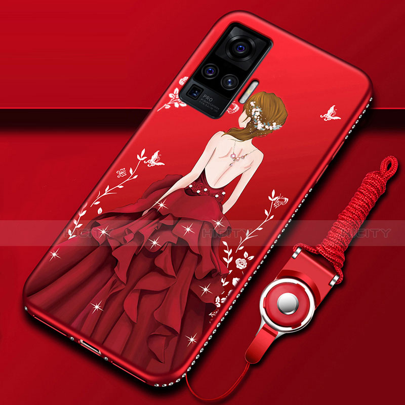 Handyhülle Silikon Hülle Gummi Schutzhülle Flexible Motiv Kleid Mädchen für Vivo X50 Pro 5G Rot Plus