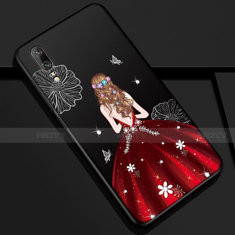 Handyhülle Silikon Hülle Gummi Schutzhülle Flexible Motiv Kleid Mädchen K01 für Huawei P20 Rot und Schwarz