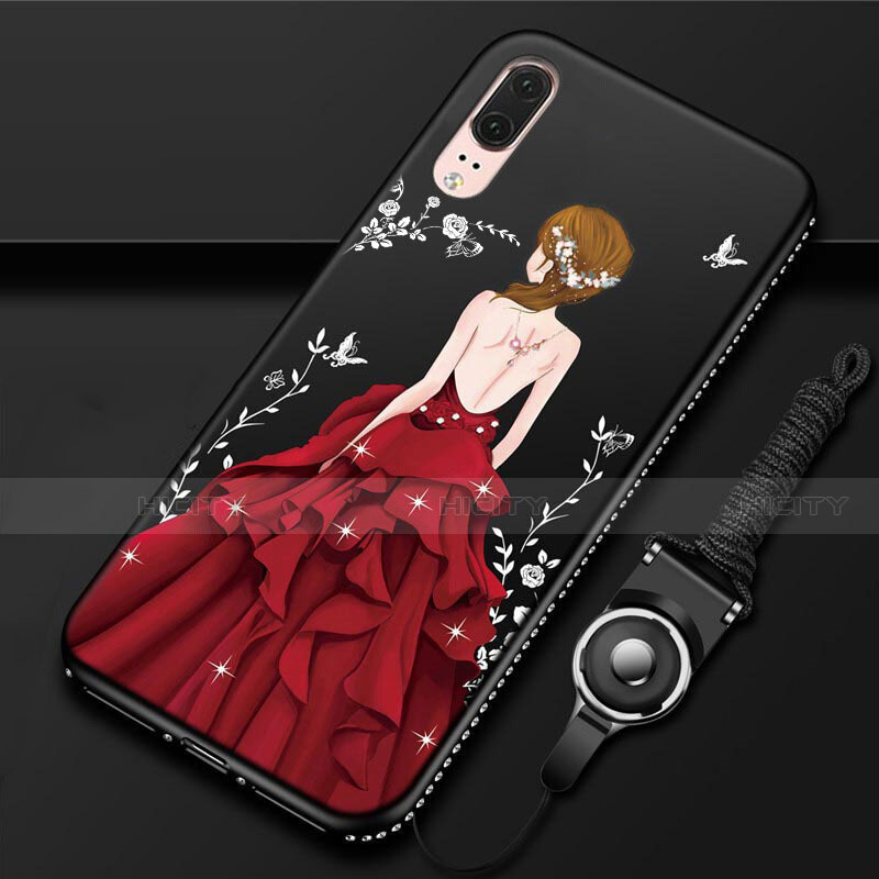 Handyhülle Silikon Hülle Gummi Schutzhülle Flexible Motiv Kleid Mädchen K02 für Huawei P20 Rot und Schwarz Plus