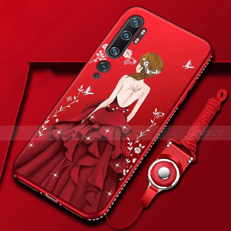 Handyhülle Silikon Hülle Gummi Schutzhülle Flexible Motiv Kleid Mädchen S01 für Xiaomi Mi Note 10 Pro Rot Plus