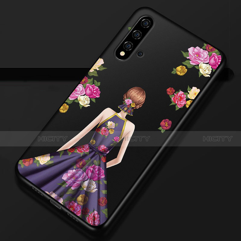 Handyhülle Silikon Hülle Gummi Schutzhülle Flexible Motiv Kleid Mädchen S02 für Huawei Nova 5 Violett und Schwarz Plus