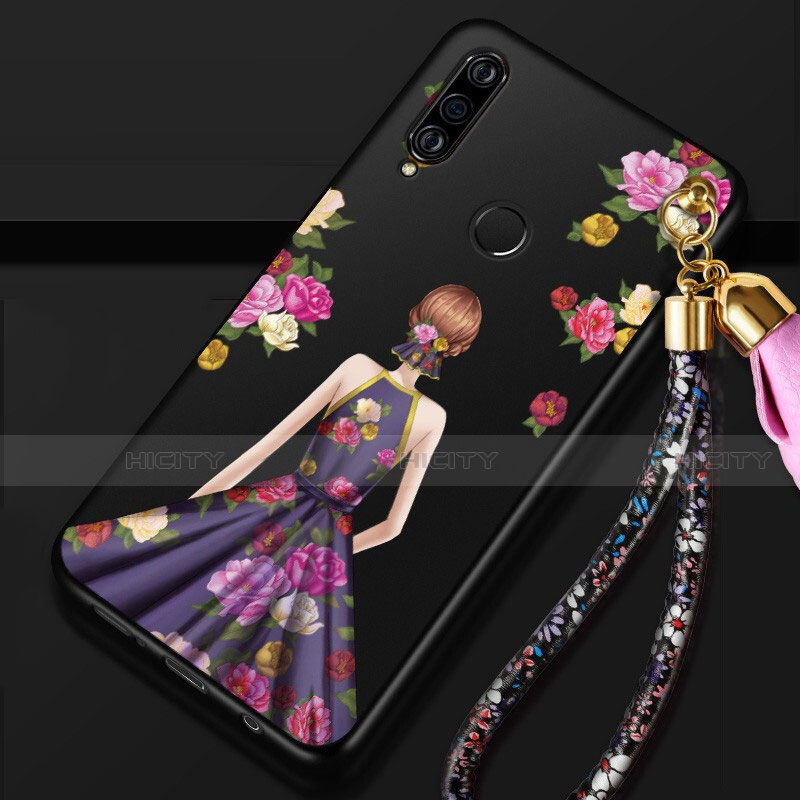 Handyhülle Silikon Hülle Gummi Schutzhülle Motiv Kleid Mädchen K02 für Huawei Nova 4e Violett und Schwarz