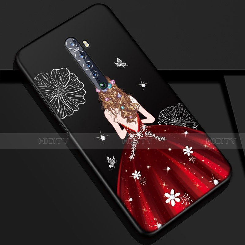 Handyhülle Silikon Hülle Gummi Schutzhülle Motiv Kleid Mädchen S01 für Oppo Reno2 Rot und Schwarz