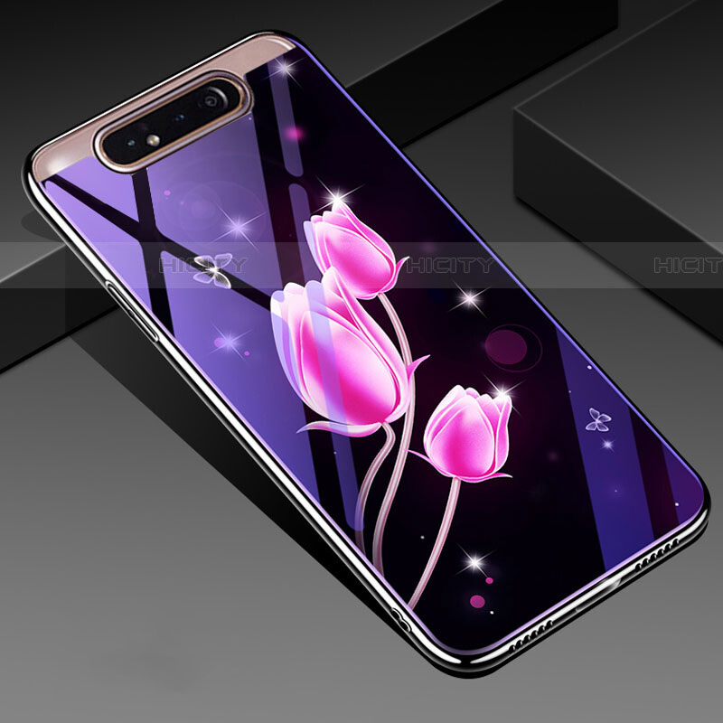 Handyhülle Silikon Hülle Rahmen Schutzhülle Spiegel Blumen für Samsung Galaxy A80 Pink