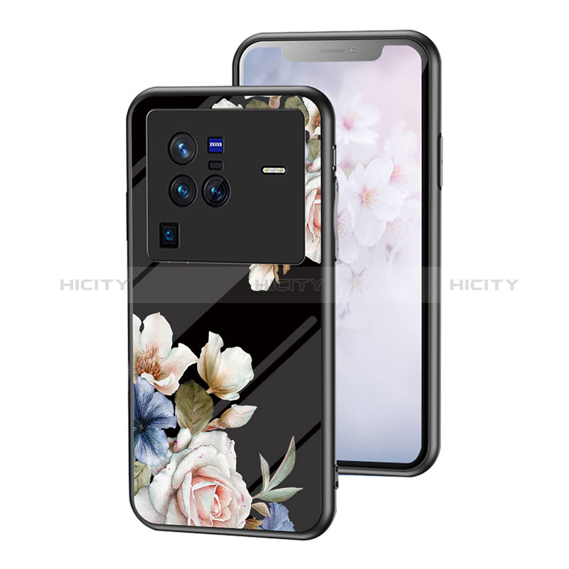 Handyhülle Silikon Hülle Rahmen Schutzhülle Spiegel Blumen für Vivo X80 Pro 5G Schwarz Plus