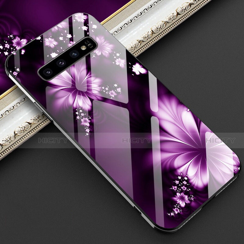 Handyhülle Silikon Hülle Rahmen Schutzhülle Spiegel Blumen K01 für Samsung Galaxy S10 Plus Violett