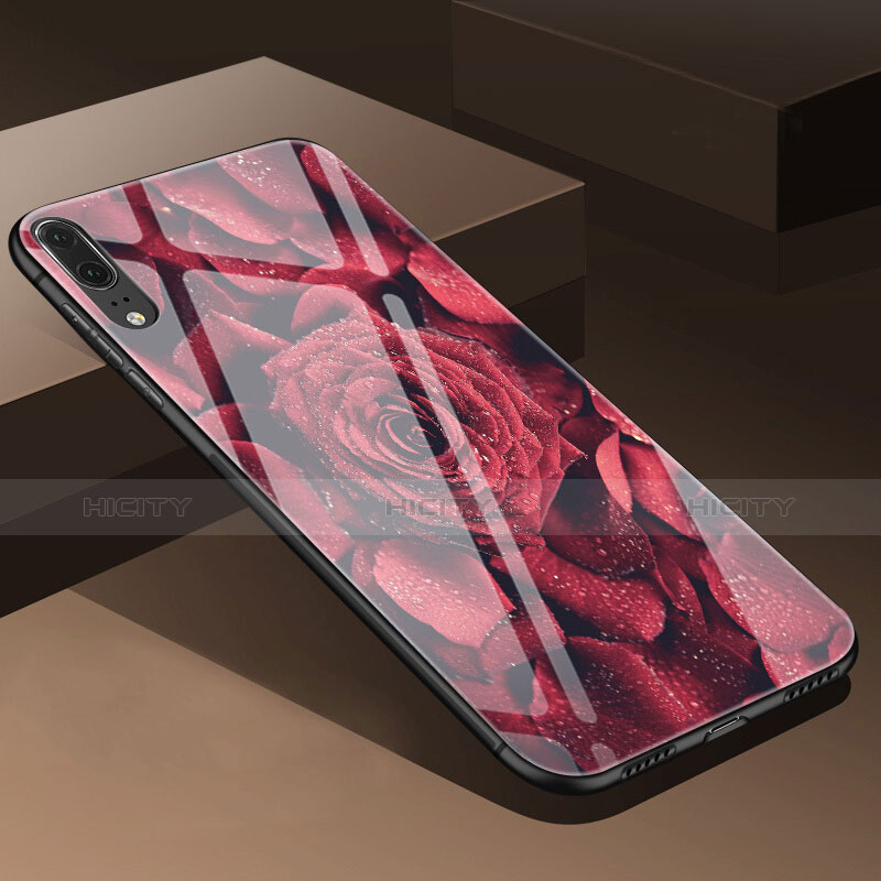 Handyhülle Silikon Hülle Rahmen Schutzhülle Spiegel Blumen P01 für Huawei P20 Rot