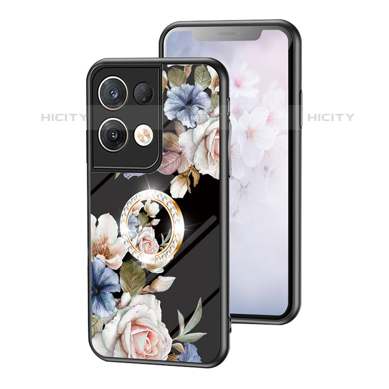 Handyhülle Silikon Hülle Rahmen Schutzhülle Spiegel Blumen S01 für Oppo Reno8 Pro 5G Schwarz