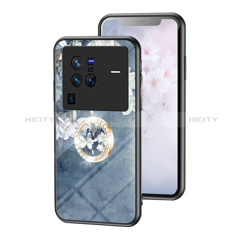 Handyhülle Silikon Hülle Rahmen Schutzhülle Spiegel Blumen S01 für Vivo X80 Pro 5G Blau Plus