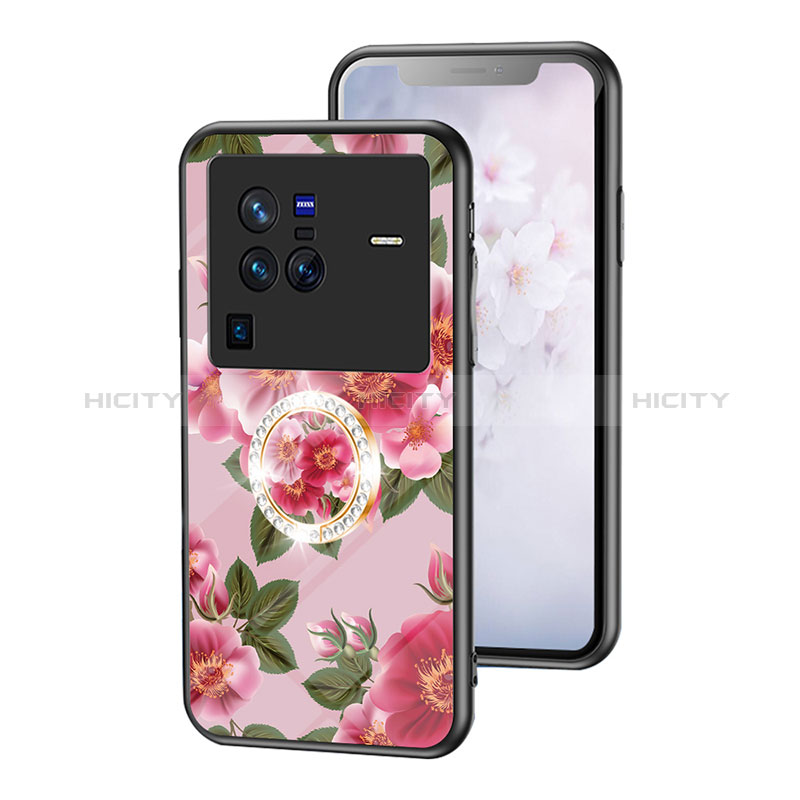 Handyhülle Silikon Hülle Rahmen Schutzhülle Spiegel Blumen S01 für Vivo X80 Pro 5G Rot