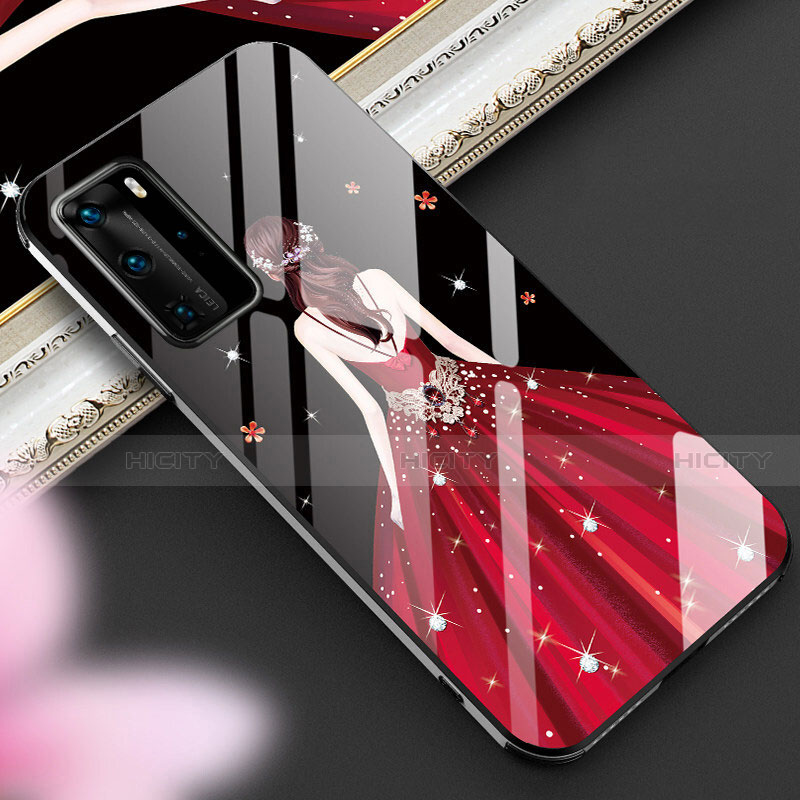 Handyhülle Silikon Hülle Rahmen Schutzhülle Spiegel Motiv Kleid Mädchen für Huawei P40 Pro Rot und Schwarz