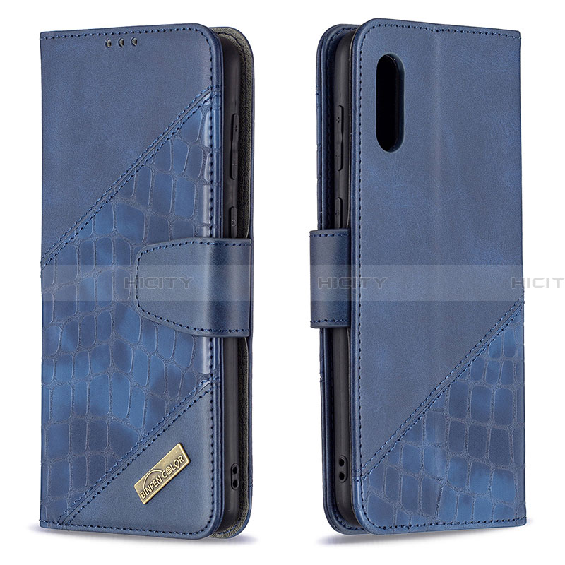 Handytasche Stand Schutzhülle Flip Leder Hülle B03F für Samsung Galaxy A02 Blau