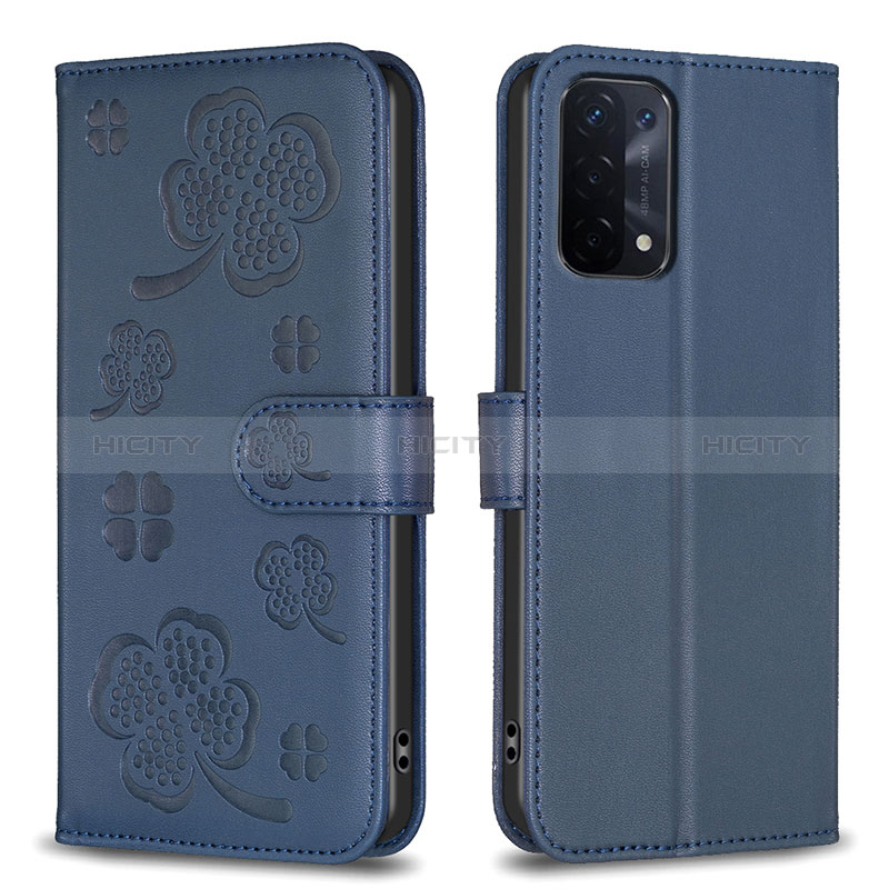 Handytasche Stand Schutzhülle Flip Leder Hülle Blumen BF1 für Oppo A54 5G Blau