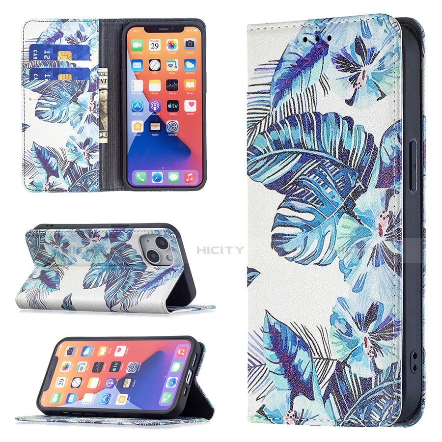 Handytasche Stand Schutzhülle Flip Leder Hülle Blumen für Apple iPhone 13 Blau