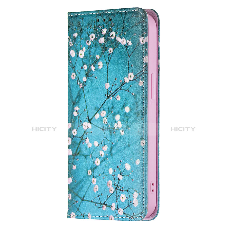 Handytasche Stand Schutzhülle Flip Leder Hülle Blumen für Apple iPhone 13 Cyan groß