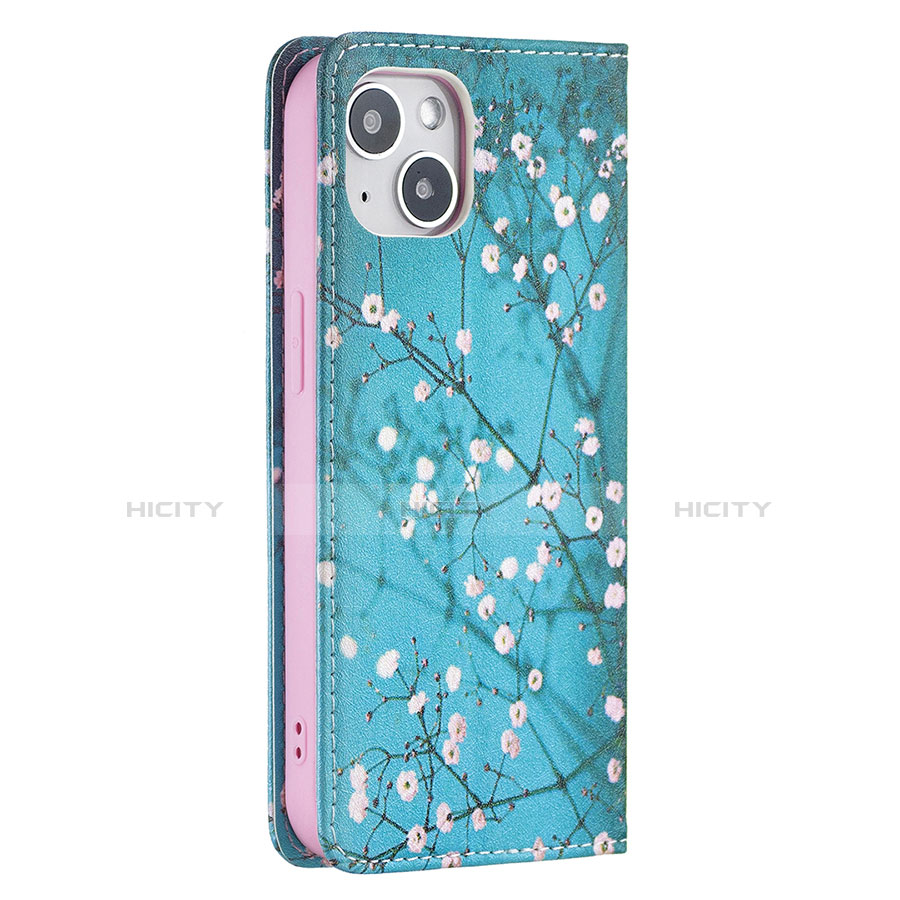 Handytasche Stand Schutzhülle Flip Leder Hülle Blumen für Apple iPhone 13 Cyan groß